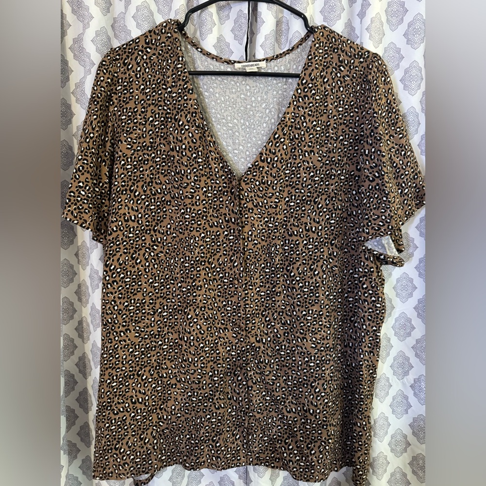 Goodthreads Leopard Print V-Neck Button Blouse 2XL